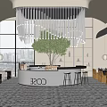 COSE Cafe Modern Interior With Large Windows Hanging Chandelier Counter Indoor Tree And Seating Chairs