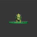 Game Anime Character With Green Body And Yellow Horns Standing On Grass Field