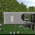 Modern White Lakeside Guesthouse Building Featuring Large Windows Terrace Surrounded By Trees And Stones