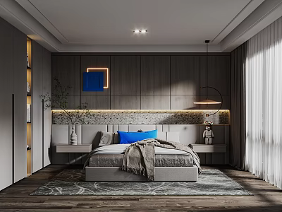 Modern Bedroom Interior Design With Blue Accent Bedhead Wall Gray Bedding And Round Pendant Light 3d model
