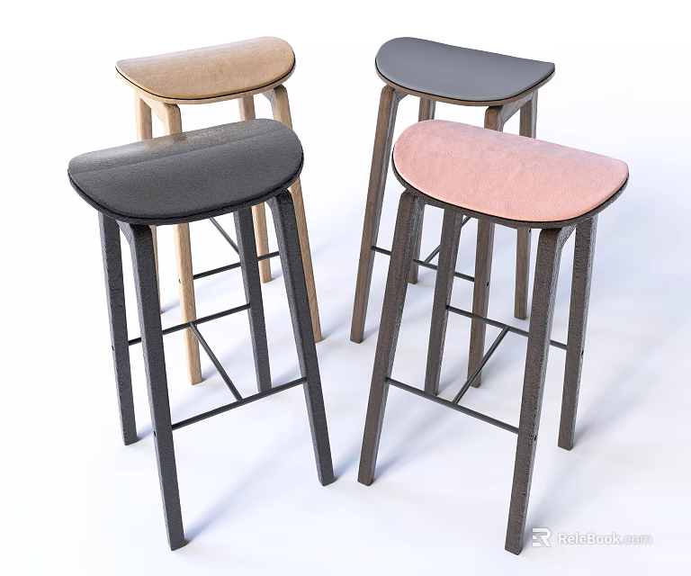 Modern Bar Stools With Black Brown Pink Upholstered Seats And Wooden Legs 3d model 