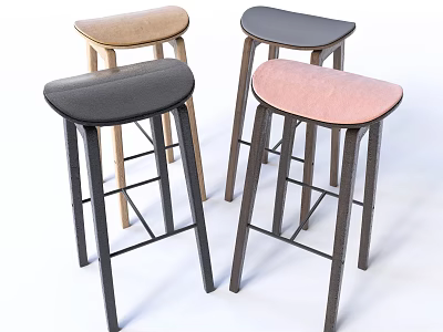 Modern Bar Stools With Black Brown Pink Upholstered Seats And Wooden Legs 3d model