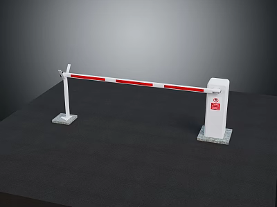 Red And White Striped Boom Barrier Gate With White Support Posts And Control Box 3d model