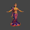 Elegant Female Character in Purple Gold Sari with Golden Jewelry and Peacock Bird Companion