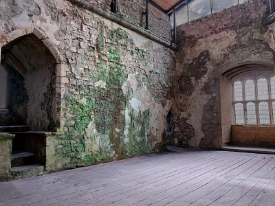 Cartoon Scene Of Abandoned Castle Interior With Mossy Stone Walls Arched Windows And Wooden Floor 3d model