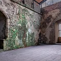 Cartoon Scene Of Abandoned Castle Interior With Mossy Stone Walls Arched Windows And Wooden Floor