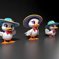 Three Cute Flying Cartoon Ducks Wearing Colorful Hats And Red Bow Ties
