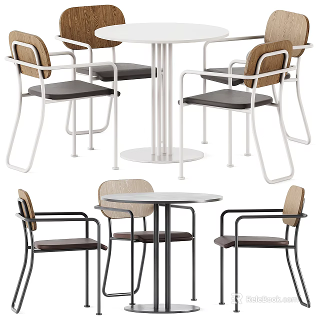 Modern Table And Chair Set With Wooden Backrests Metal Frames And Round Table Tops 3d model 