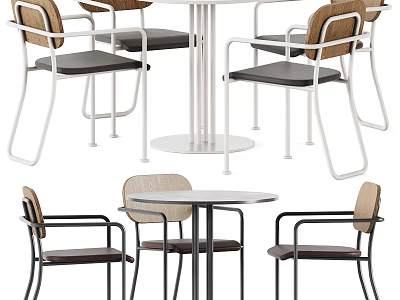 Modern Table And Chair Set With Wooden Backrests Metal Frames And Round Table Tops 3d model