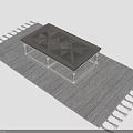 Stylish Wooden Coffee Table with Geometric Pattern Tabletop on Gray Area Rug with Fringes