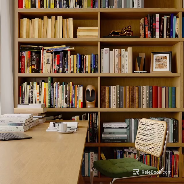 Wooden Bookcase In Home Study With Shelves Filled With Books And Decorative Items 3d model 