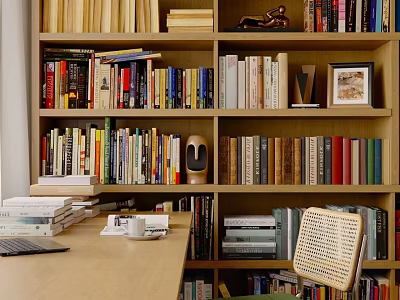 Wooden Bookcase In Home Study With Shelves Filled With Books And Decorative Items 3d model