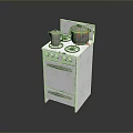 White Kitchen Stove Appliance With Gas Burners Kettle And Pot