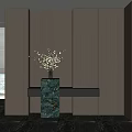 Modern Foyer Hallway With Dark Brown Walls Wooden Slats And Green Marble Console Table