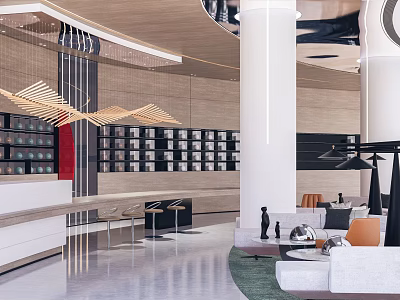 Modern Lounge Area With Comfortable Sofa Bookshelves Bar Counter And Pendant Lights 3d model