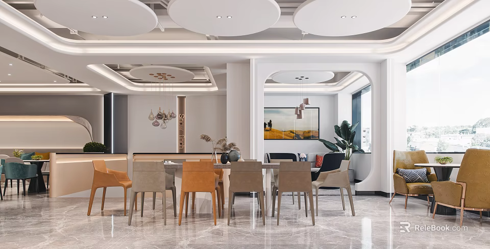 Modern Restaurant Interior Design Featuring Dining Table Chairs Round Ceiling Pendant Lights And Green Plants 3d model 