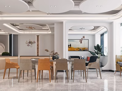 Modern Restaurant Interior Design Featuring Dining Table Chairs Round Ceiling Pendant Lights And Green Plants 3d model