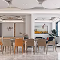 Modern Restaurant Interior Design Featuring Dining Table Chairs Round Ceiling Pendant Lights And Green Plants