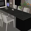 Modern Dining Table Set With Dark Top And White Chairs In Kitchen With Cabinets 3d model