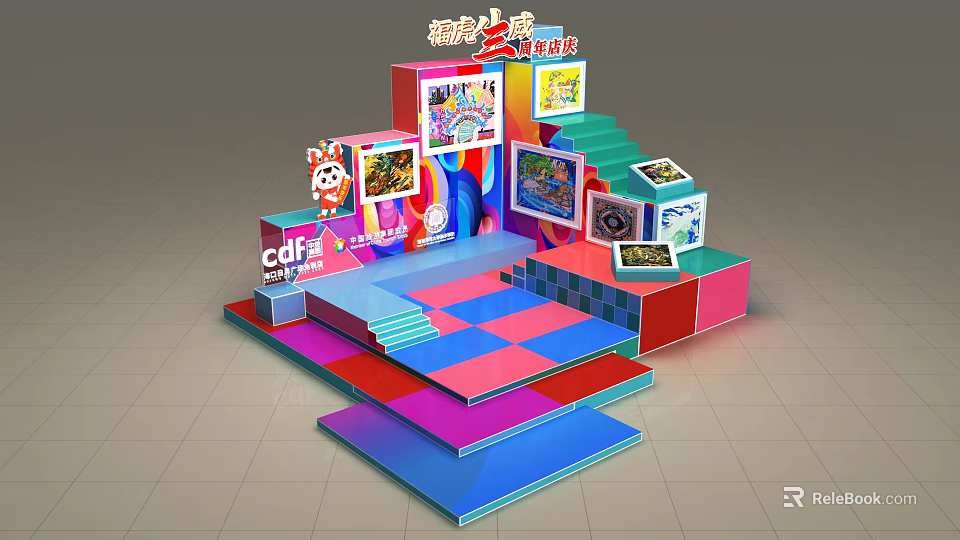 Vibrant Creative Market Setup With Colorful Booths Stairs And Displayed 3d model 