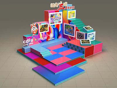 Vibrant Creative Market Setup With Colorful Booths Stairs And Displayed 3d model