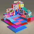 Vibrant Creative Market Setup With Colorful Booths Stairs And Displayed
