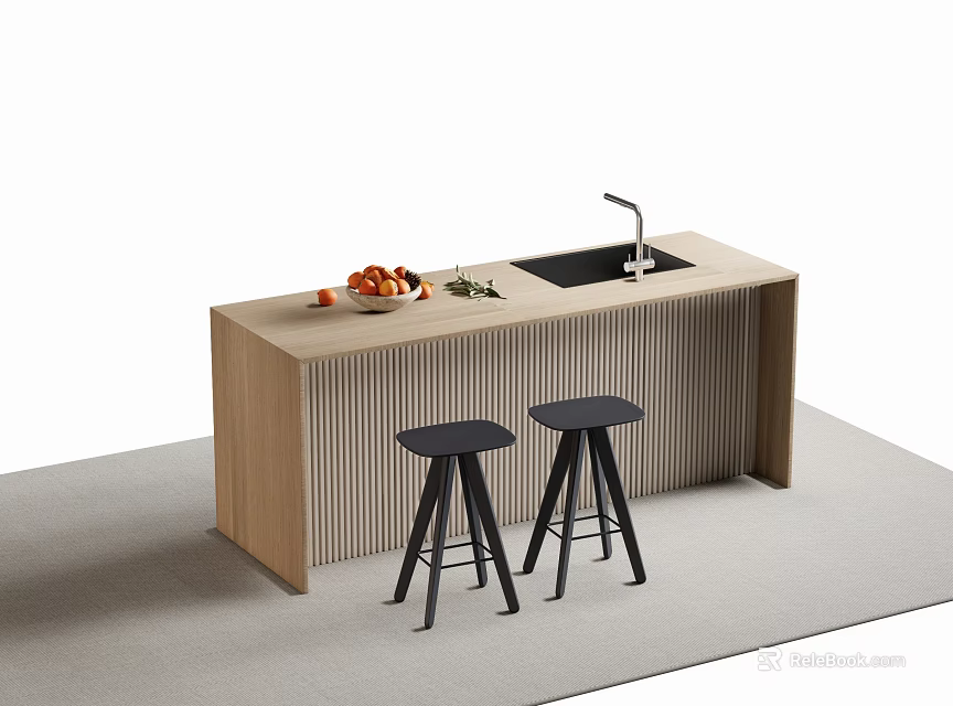 Wooden Bar Counter With Sink Fresh Fruits And Black Stools Design 3d model 