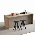 Wooden Bar Counter With Sink Fresh Fruits And Black Stools Design