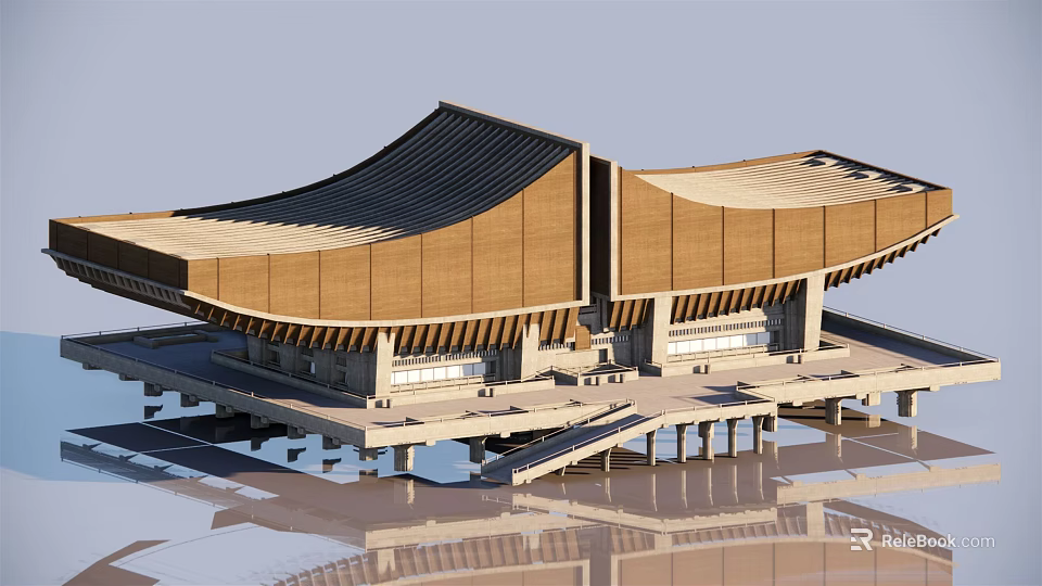 Modern Museum Building With Curved Wooden Roof And Water Reflection Design 3d model 