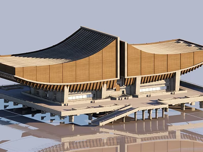 Modern Museum Building With Curved Wooden Roof And Water Reflection Design 3d model