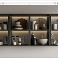 Organized Kitchen Shelves With Various Kitchenware Bowls Plates And Jars