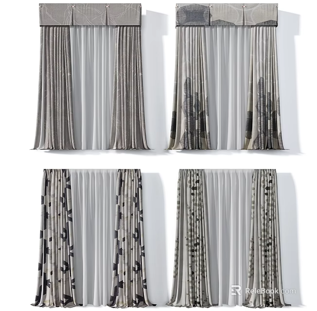Modern Home Interior Decor With Patterned Striped Curtains And Different Design Styles 3d model 