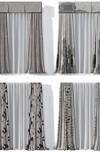 Advanced gray imported art dark pattern curtain combination 3d model