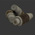 Three Industrial Cylindrical Components with Ribbed Metal Surface Red Top Indicators and Stacked Design