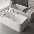Modern White Bathtubs With Chrome Faucets Wooden Shelves Towels And Toiletries In Minimalist Bathroom