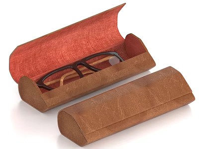 Brown Leather Eyeglass Case Open With Red Interior And Eyeglasses Inside 3d model