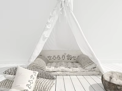 White Tipi Tent with Fringed Top and Decorative Pillows on Wooden Floor 3d model