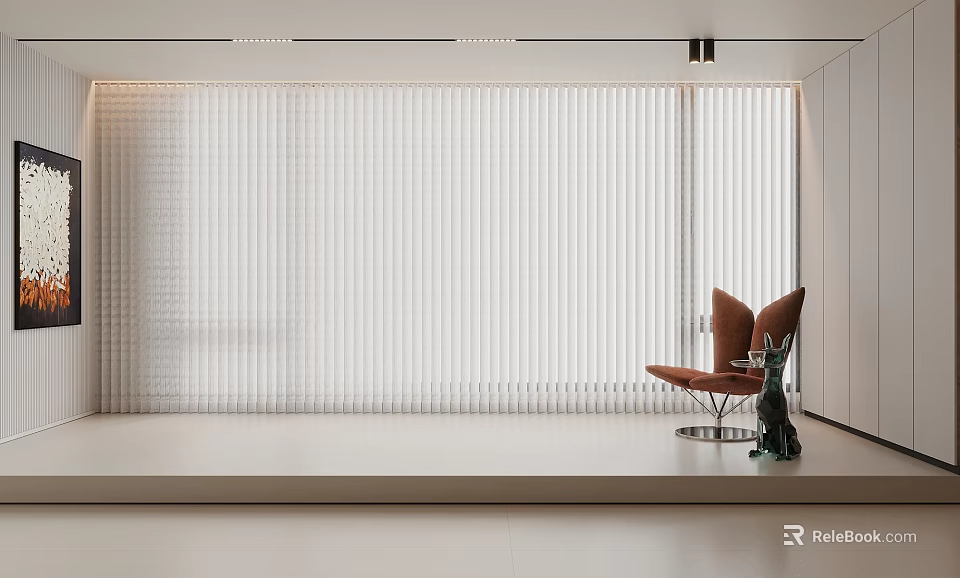 Modern Minimalist Interior With Vertical Window Blinds And Orange Accent Chair 3d model 