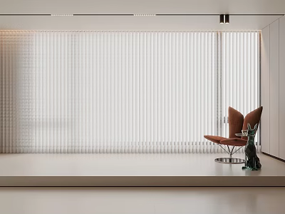Modern Minimalist Interior With Vertical Window Blinds And Orange Accent Chair 3d model