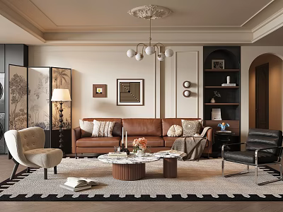 Stylish Living Room Interior With Brown Sofa Accent Chairs Coffee Table Rug And Wall Art 3d model