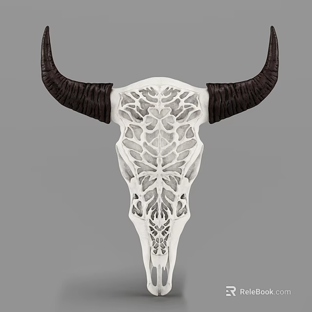 Animal Wall Decor White Intricate Carved Cow Skull with Black Horns Modern Home Interior Decoration 3d model 