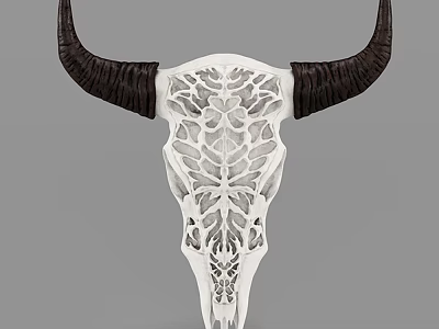Animal Wall Decor White Intricate Carved Cow Skull with Black Horns Modern Home Interior Decoration 3d model