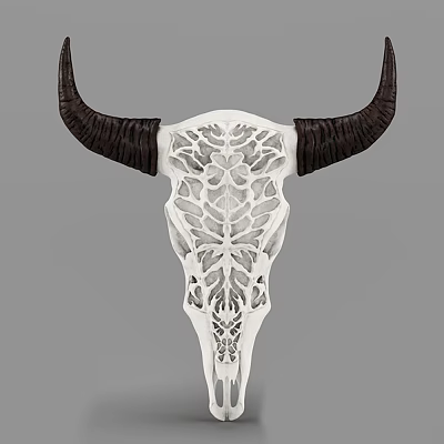 Animal Wall Decor White Intricate Carved Cow Skull with Black Horns Modern Home Interior Decoration 3d model