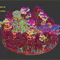 3D Pixel Art Scene With Red Blocks Gray Tower And White Rock Structures