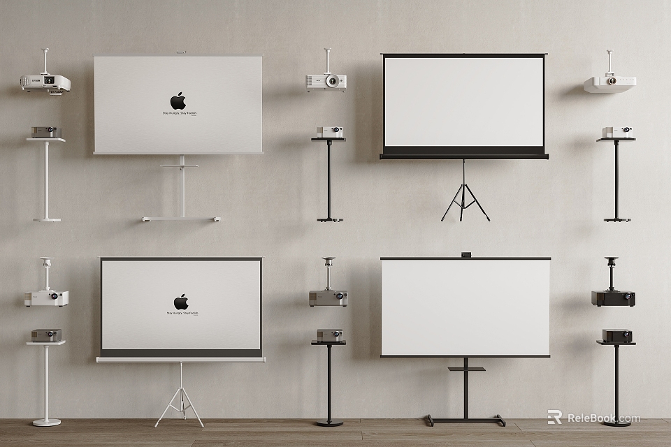 Projection Monitoring Equipment With Multiple Wall Mounted Projectors Screens And Stands 3d model 