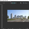 Modern Office Building with Glass Curtain Wall Near Road Green Landscaping Under Blue Sky