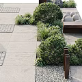 Garden Landscape Design With Stone Paving Round Stone Balls Bushes Benches And Green Plants