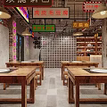 Nostalgic Industrial Style Hot Pot Restaurant Interior Design With Wooden Dining Sets And Food