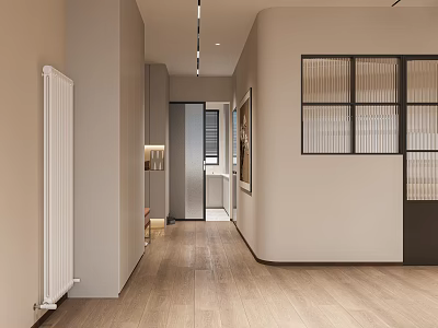 Minimalist Modern Tea Room With Wooden Floors And Grid Partitions 3d model