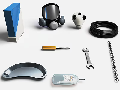 Complete Hardware Tools Set With Screwdriver Wrench Cable Safety Helmet Voltage Tester And Metal Chain 3d model